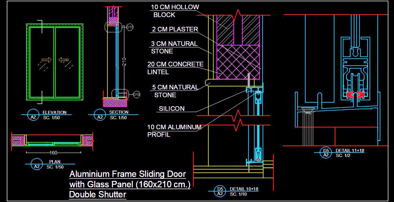 Aluminium Frame Sliding Door with Glass Shutters- Autocad Drawing